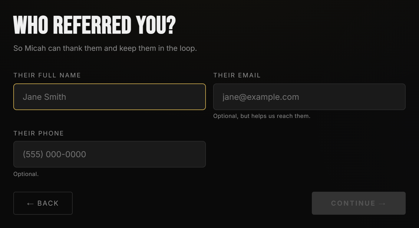 The Capital Kings loan application step titled Who referred you, collecting the referrer's name, email, and phone.